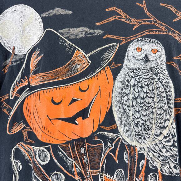 VTG Kittens Black Halloween Pumpkin Scarecrow Tee USA Plus One Size Oversized - Picture 3 of 16